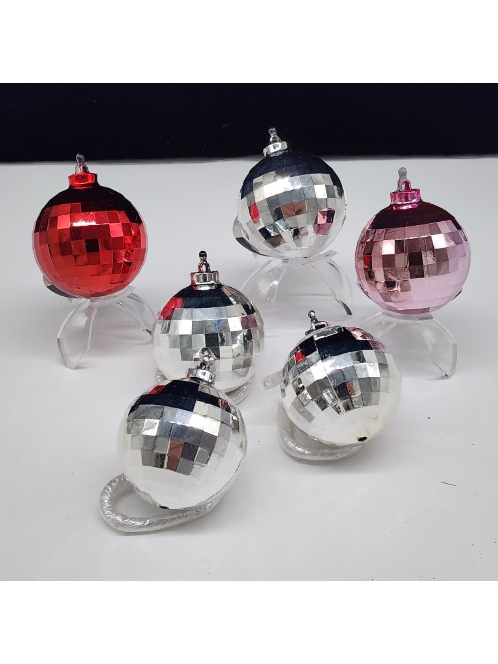 Shatterproof Disco Ball Ornaments Lot of 6 Red Silver & Pink Christmas Holiday